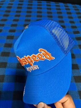 Blue Mesh Trucker Hat with Orange Embroidered Script